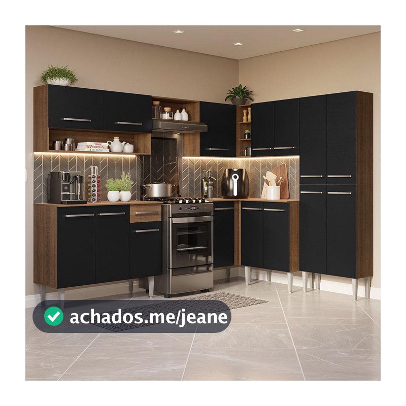 Armário de Cozinha Completa de Canto 417cm Rustic/Preto Emilly Madesa 02