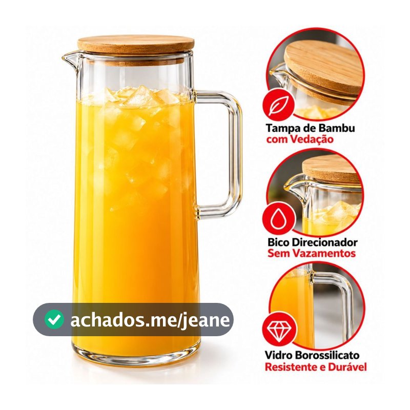 Jarra de Vidro Borossilicato 1 Litro com Tampa de Bambu para Suco Água Chá Gelado 1 ou 2 Unidades