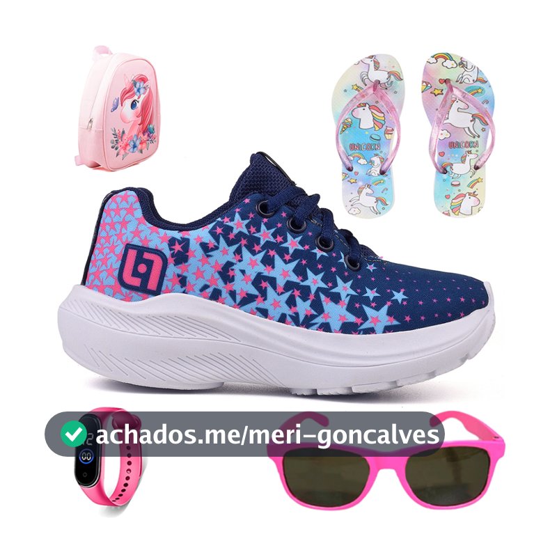 Kit Tênis Infantil Casual Meninas Escolar Basico Confortavel + Mochila + Chinelo + Oculos + Relogio