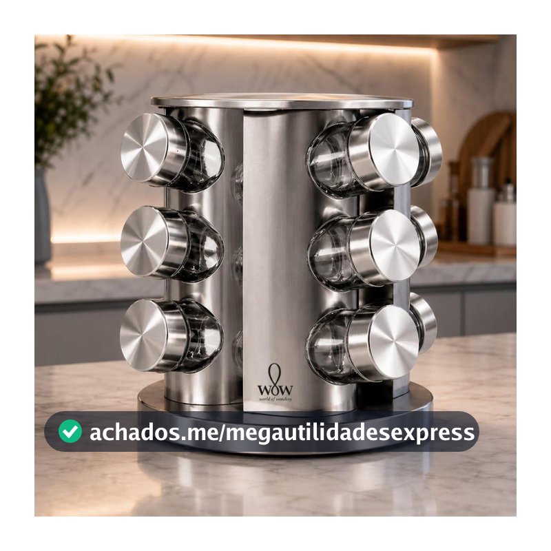 Porta Tempero Inox Giratório Vidro 12 Potes 360