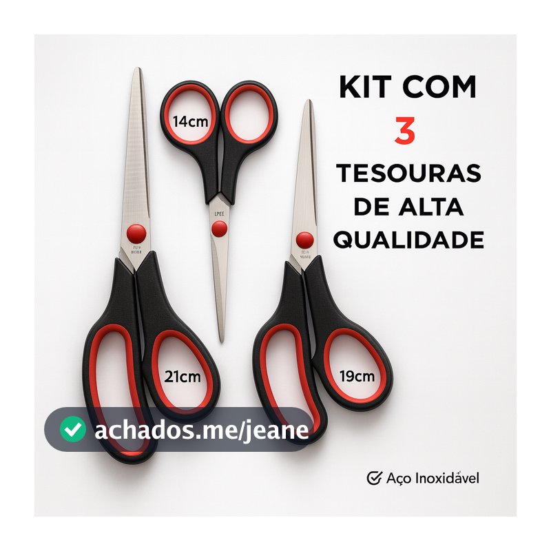 Kit 3 Tesouras para Artesanato Aço Inox Profissional Multiuso Costura Tecido Papel EVA