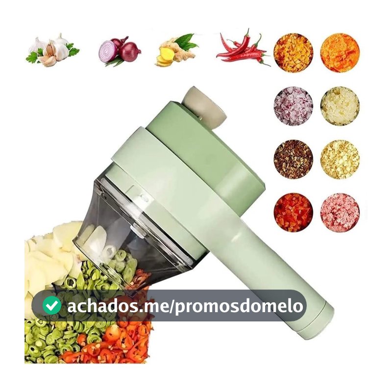 Cortador Elétrico de Legumes 4 em 1 Sem Fio USB Triturador de Alho e Vegetais Multifuncional para Cozinha