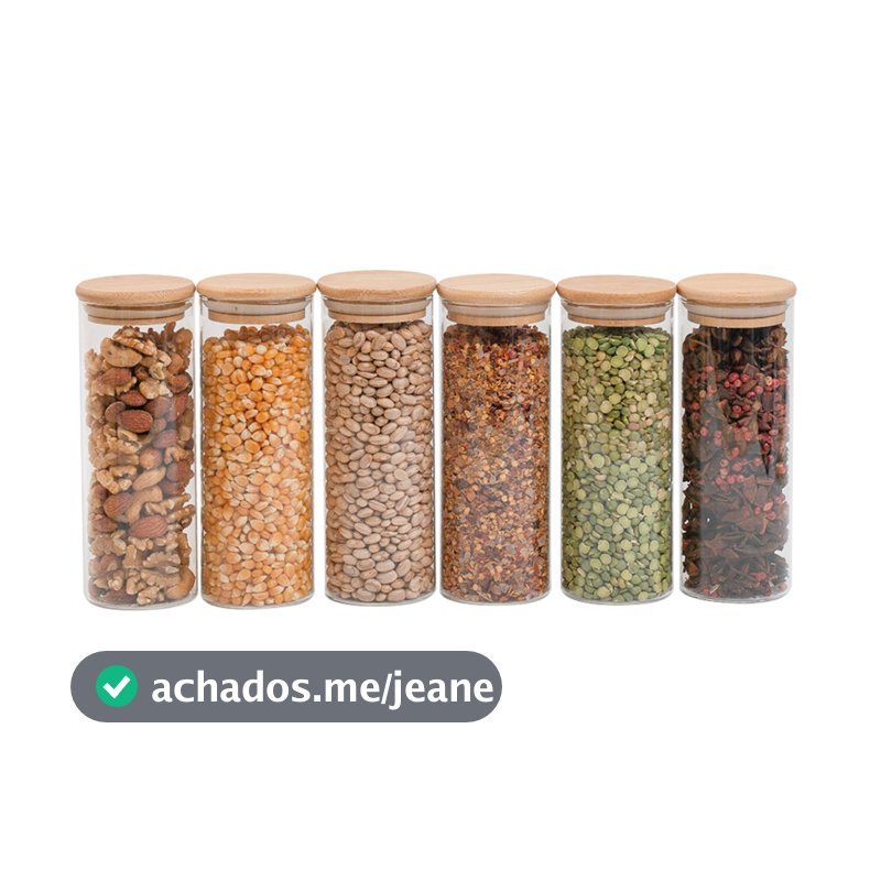 Kit 6 Potes de Vidro P/ Mantimentos 450ml C/ Tampa Bambu Oikos