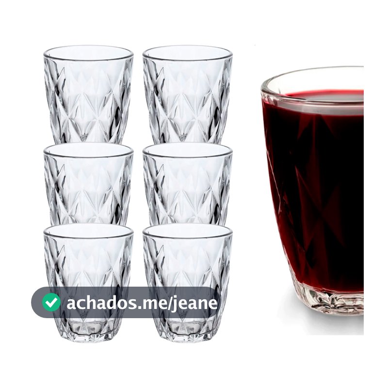 Jogo 6 Copos Baixos Diamond 300ml Vidro Grosso Diamante Luxo
