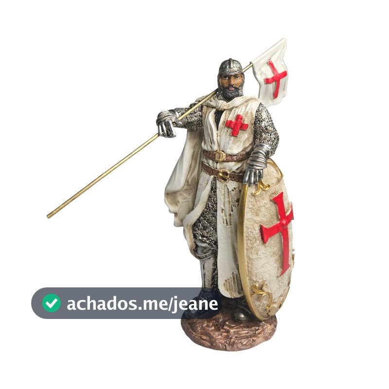 Estátua Enfeite Cavaleiro Templário Escudo E Bandeira AS Cruzadas EM Resina Decorativo