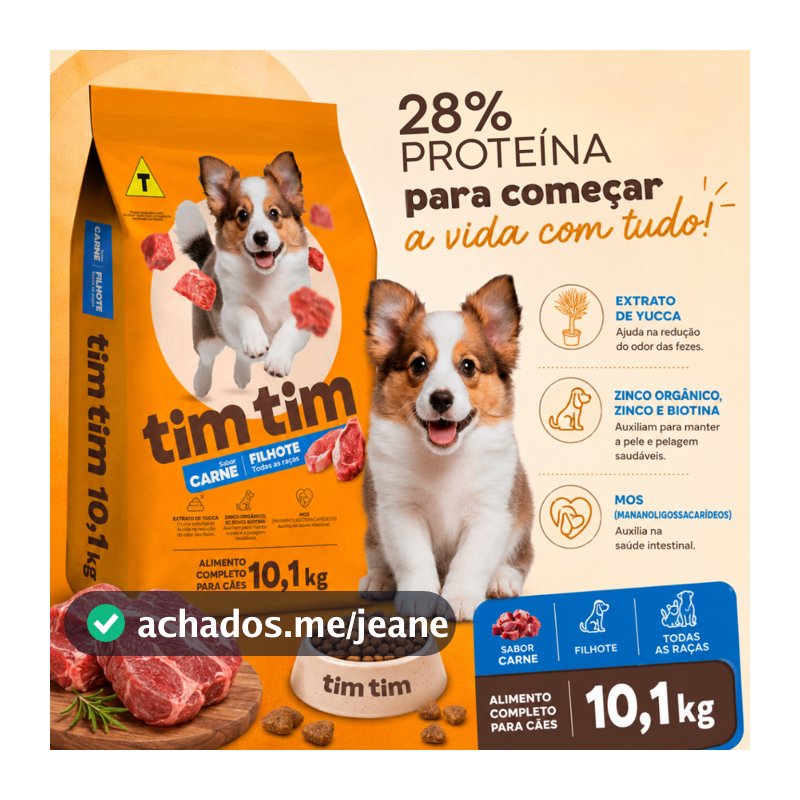 Ração para Cachorro Cães Filhotes 28% Proteína Tim Tim Dog Premium Sabor Carne 10 Kg