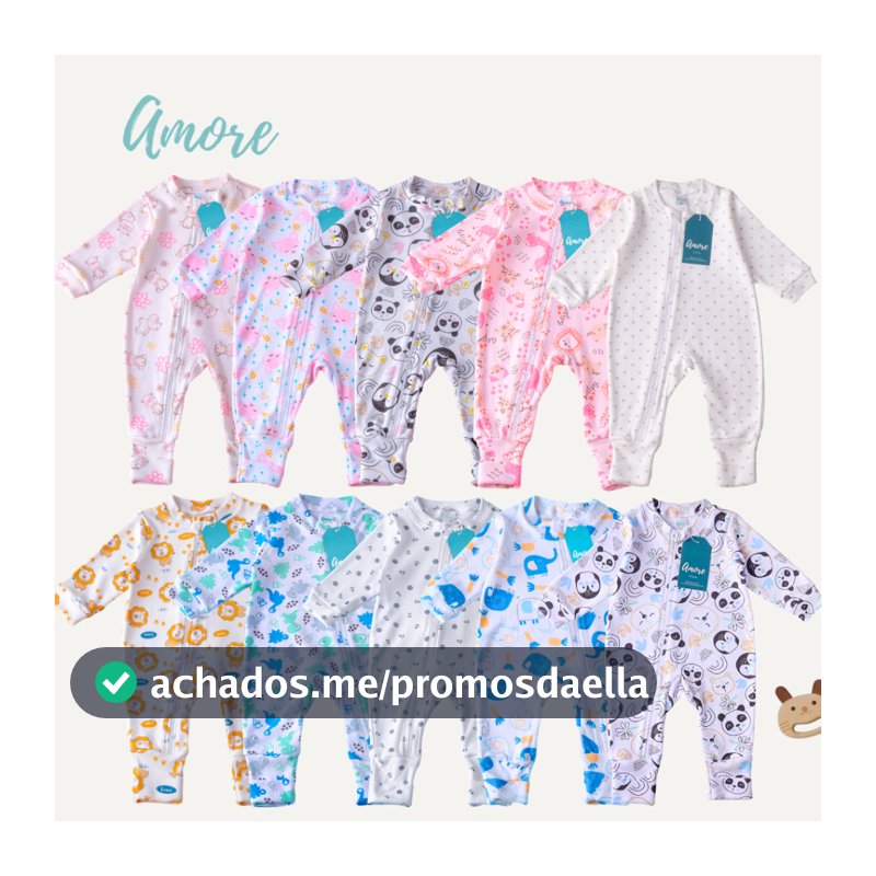 KIT 4 Macacões Bebê Amore Vira Pé com Ziper Sortidos Estampados 100% Algodão