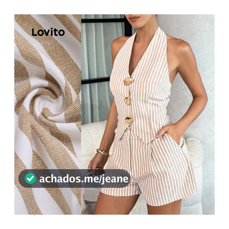 Conjunto Feminino Nacional Lovito Casual Blusa Calça Listrada Shorts Fivela Metálica Primavera/verão Marrom LBL30237
