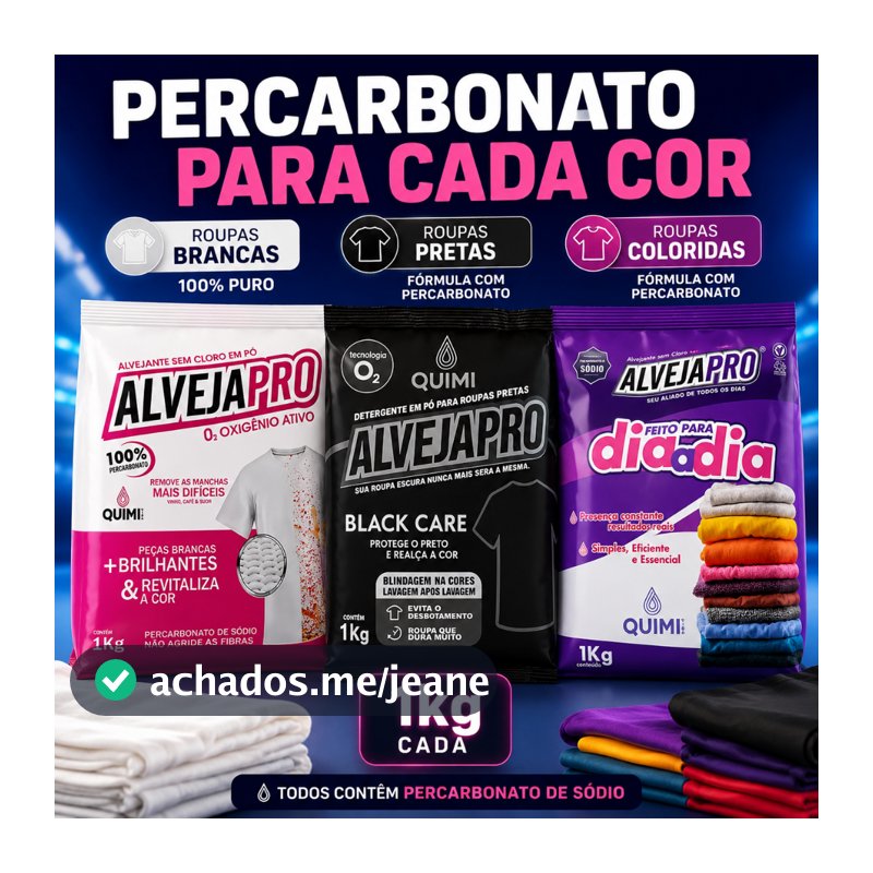 Kit Percarbonato de Sódio AlvejaPro 100% ou 1kg para Roupas Brancas Pretas ou Coloridas