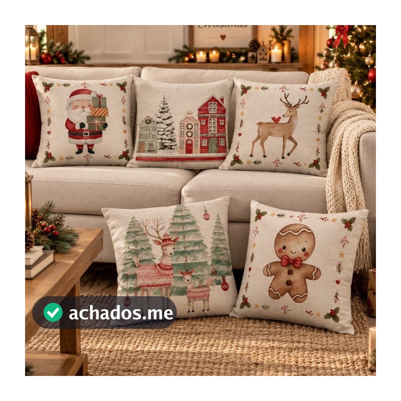 Capa de Almofada Natalina Decoração de Natal Festa Enfeite Papai Noel Renas Boneco de neve 43x43cm