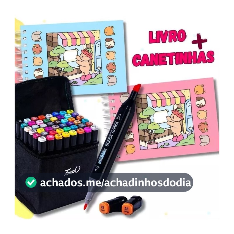 Kit Livro de Colorir 50 Páginas + Canetas Marcadoras Dupla Ponta 24/36/48/60/80 Cores