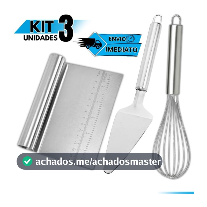 Kit Confeiteiro 3 Peças: Fouet Inox + Espátula Bolo + Raspador Cortador de Massa Cozinha