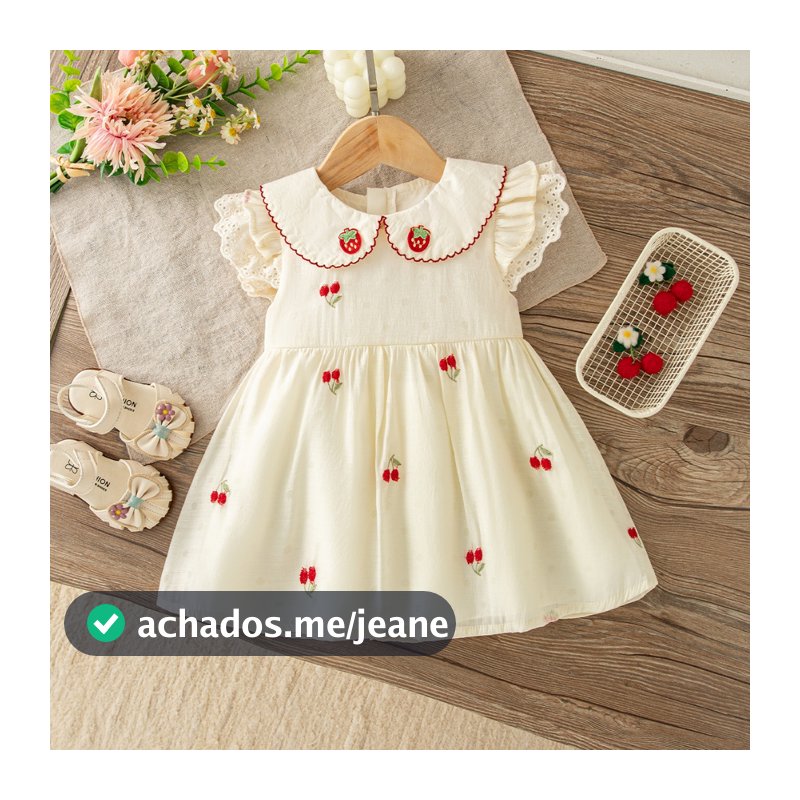 Verão Novo Vestido Bege Para Bebês Meninas Com Bordado De Flores Doces Roupas Infantis (9 Meses A 4 Anos)