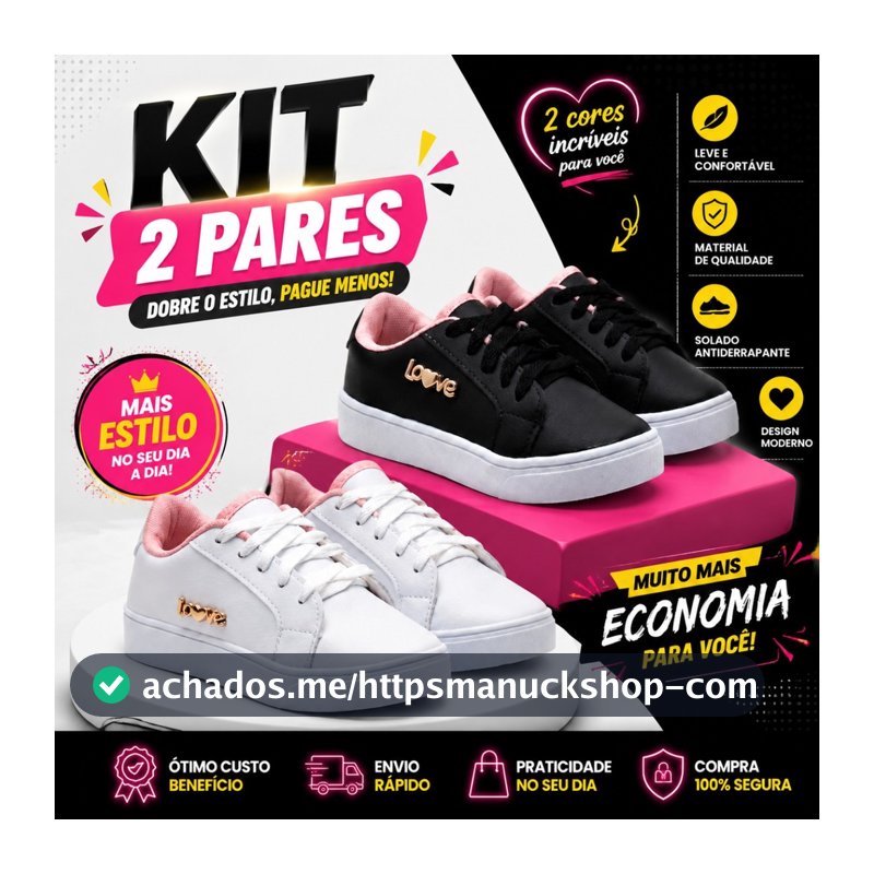 Kit 2 Pares Sapato Infantil Menina Com Cadarço Sola Leve Visual Moderno Moda Infantil