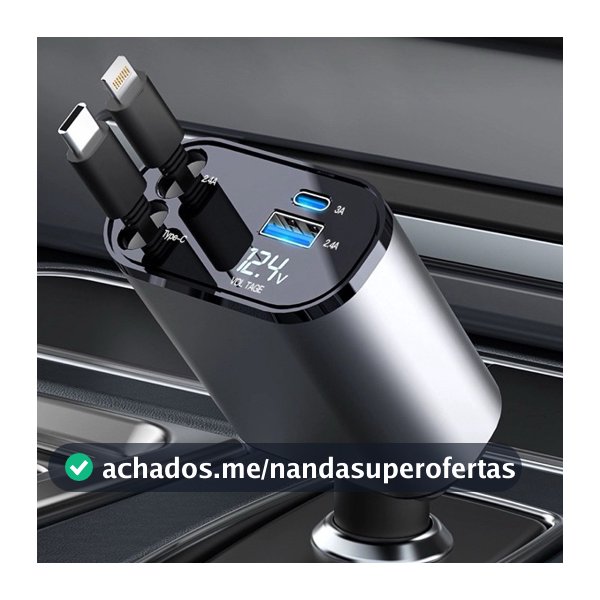 Carregador de carro retrátil, carregador rápido de para carro 4 em 1 para iPhone e Android
