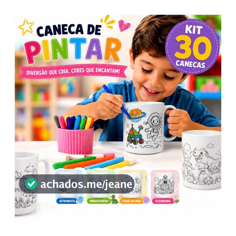 Caneca de Colorir 30un Várias Estampas Lembrancinha Aniversário Crianças Infantil Educativo Escolar