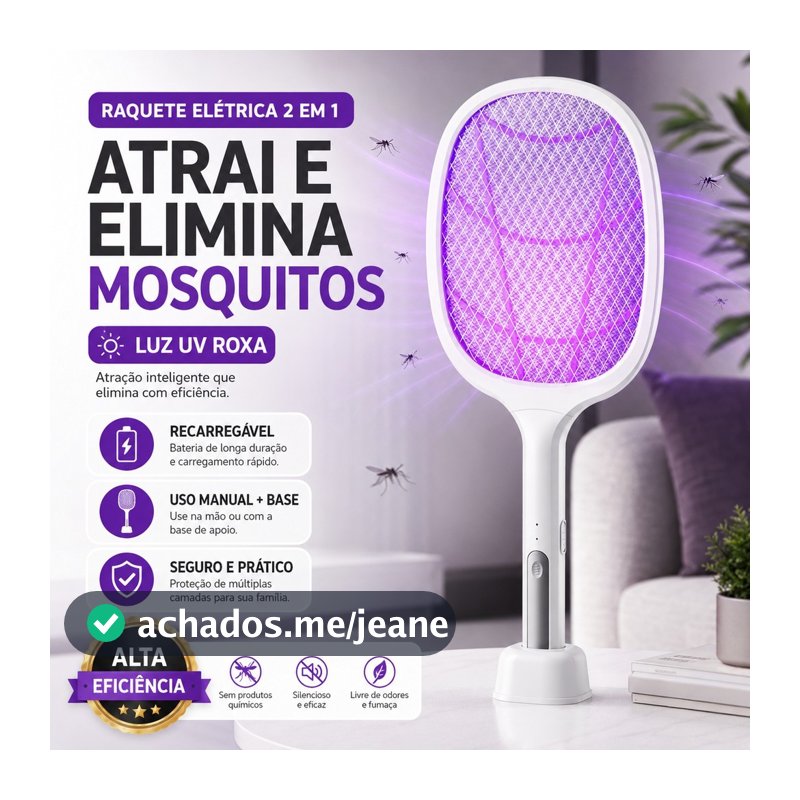 Raquete Mata Mosquito Recarregável Com Base Luz UV 2 em 1