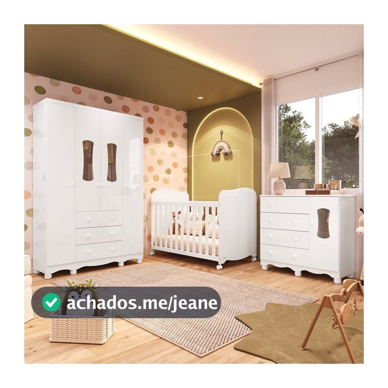 Quarto de Bebê Guarda-Roupa 4 Portas Cômoda e Berço 100% MDF Lana Espresso Móveis Branco Brilho Branco/Brilho