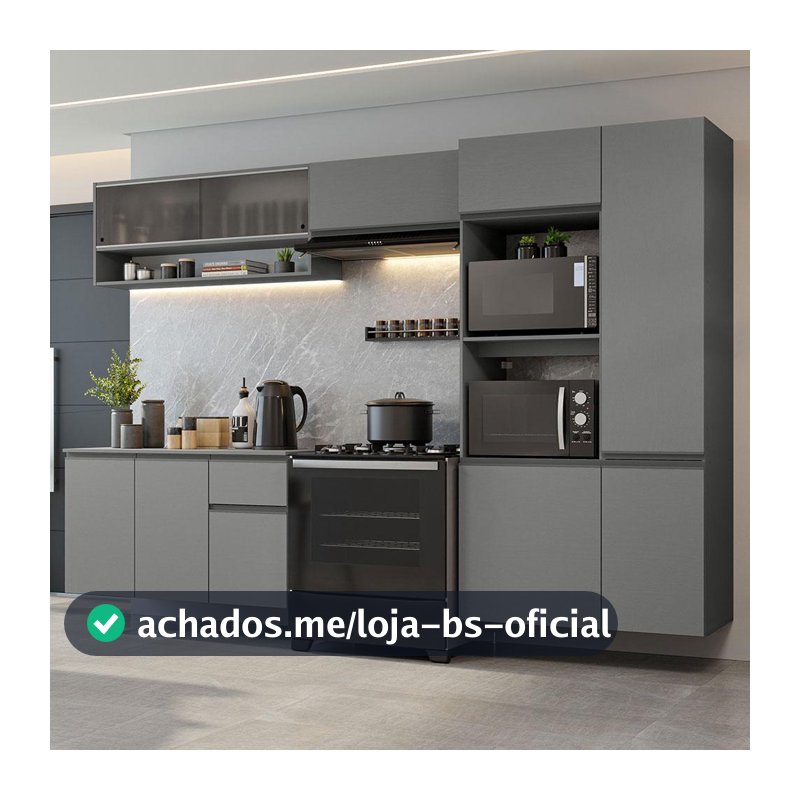 Armário de Cozinha Completa Suspenso 300cm Cinza Nice Madesa 06