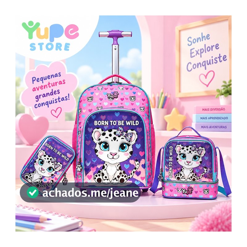 YUPE Kit Mochila Lancheira Estojo Feminina Escolar Rodinha Gatinha