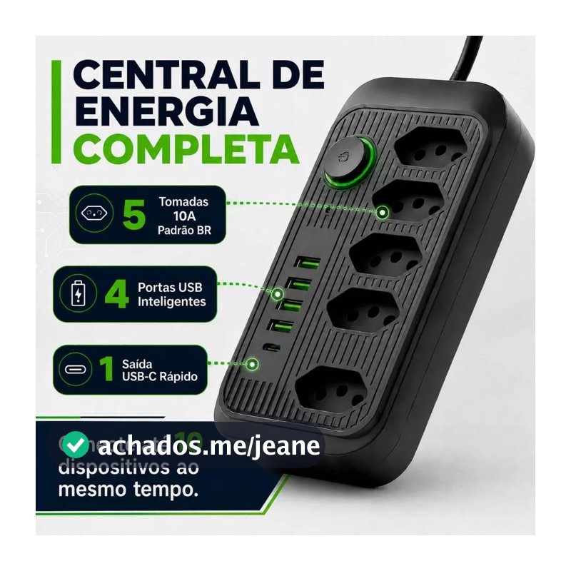 Régua Filtro de Linha com 5 Tomadas Extensão Elétrica Universal 4 USB e 1 USB-C Bivolt 10A 110v/220v Cabo de 2 Metros
