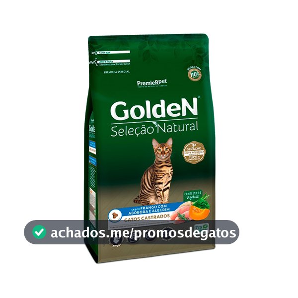 Ração Golden Seleção Natural para Gatos Adultos Castrados Sabor Abóbora - 3Kg