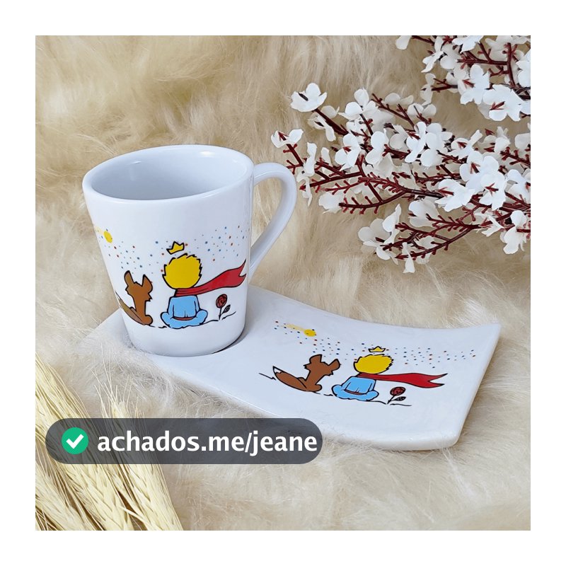 Kit Xícara Caneca Tulipa Porcelana 120ml Café/Chá + Pires Ondulado Pequeno Príncipe Branco