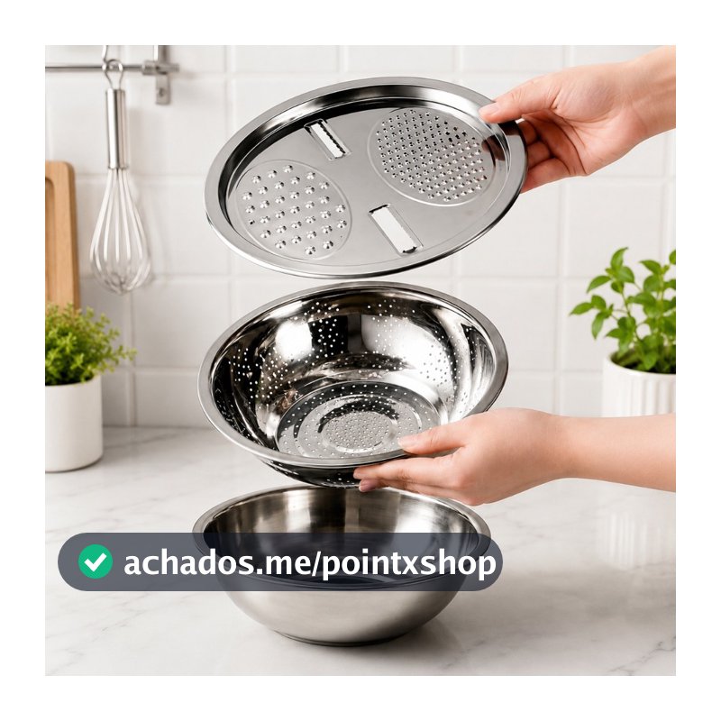 Ralador Escorredor Inox 3 em 1 com Tigela e Bacia Multiuso Cozinha