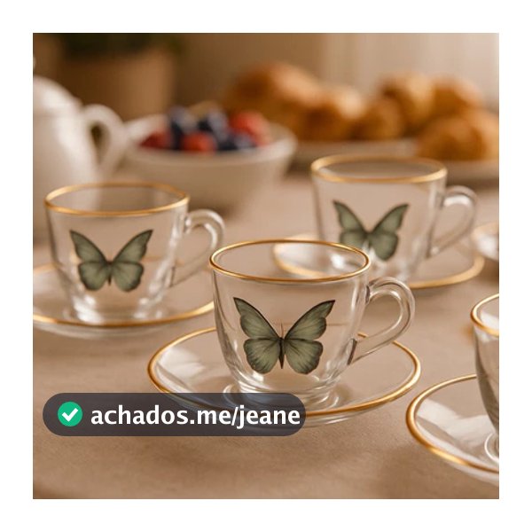 Jogo 4 Xícaras Com Pires Para Café De Vidro e Borda Dourada Butterfly 85ml Hauskraft