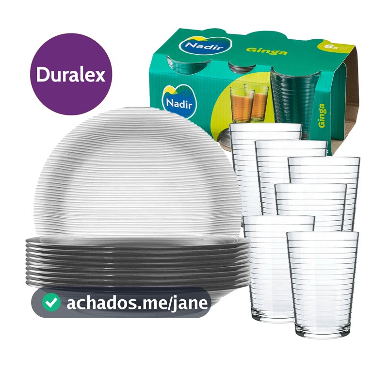 KIT 12 Peças 6 Pratos Fundo Diamante Duralex e 6 Copos Ginga 265ml Vidro vai ao freezer geladeira