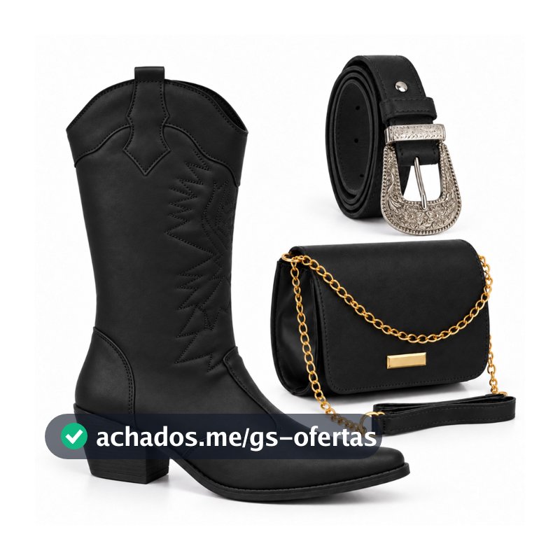 Bota Bordada Feminina Texana Country Bico Fino Salto Médio + Cinto Rodeio + Bolsa Elegante