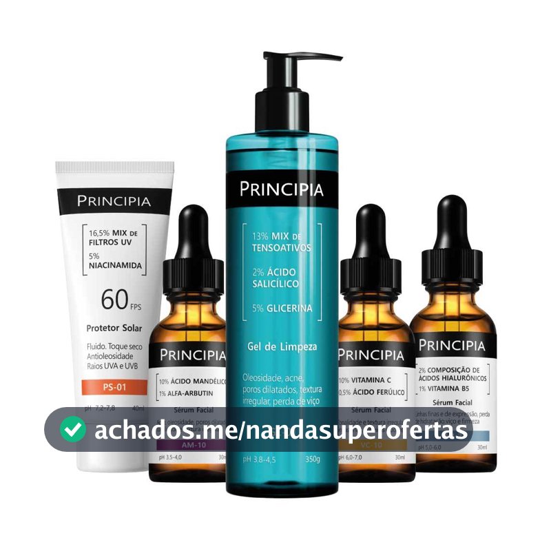 Principia Kit Avançado Pele Luminosa c/ Gel de Limpeza GL-01 + VC-10 + AM-10 + AH-02 + Protetor Solar PS-01 FPS60