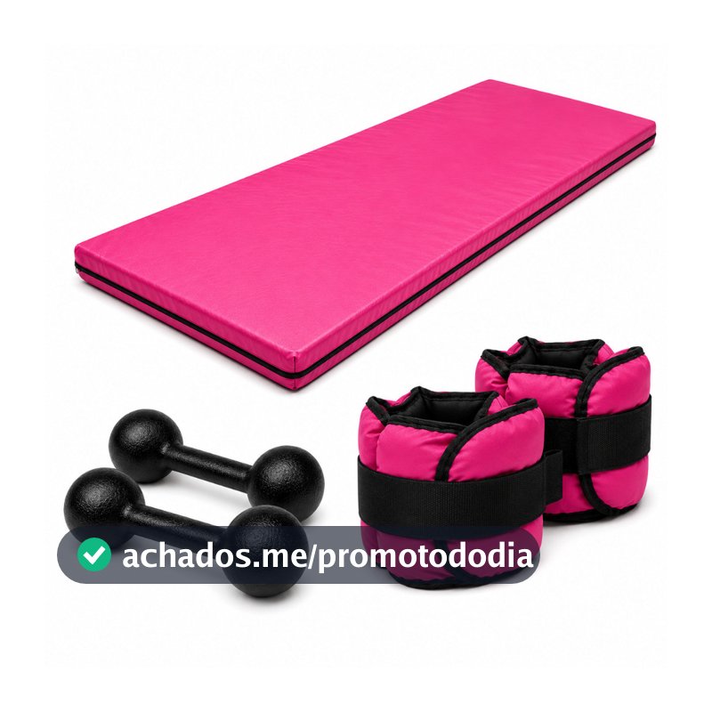 KIT FITNESS COMPLETO COLCHONETE ROSA + PAR 1KG HALTER BOLA + PAR 1KG CANELEIRA ROSA | TREINO EM CASA OU ACADEMIA TL