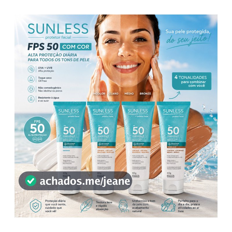 Protetor Solar Facial Sunless FPS 50 60g Toque Seco Antioleosidade Efeito Matte Incolor Bege ou Bronze