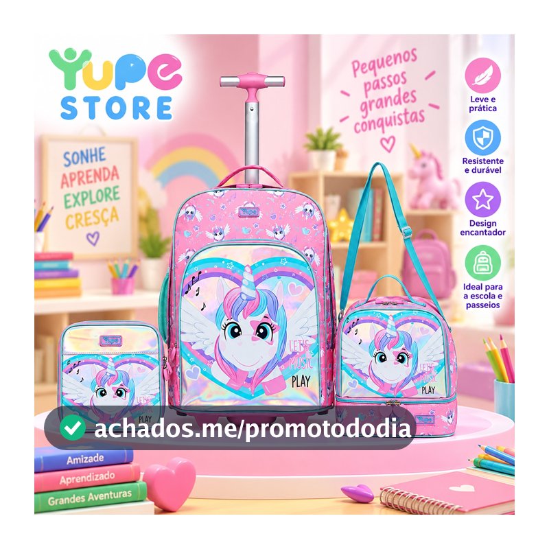 YUPE Kit Mochila Lancheira Estojo Unicórnio Feminina Escolar