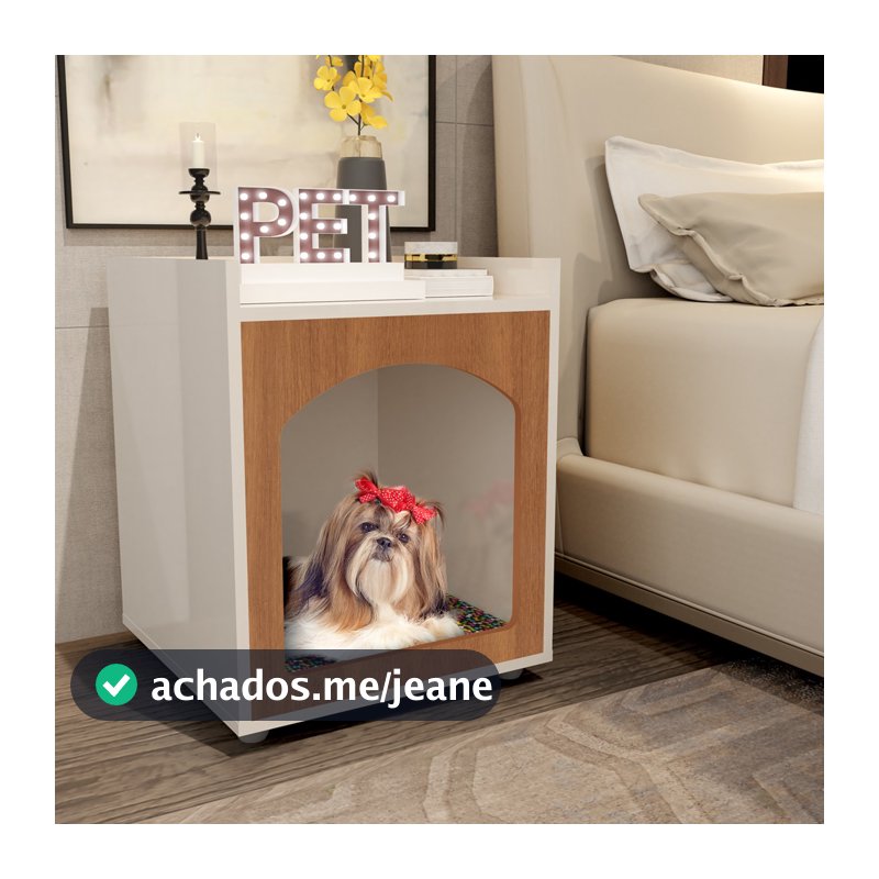 Mesa De Cabeceira Pet, Casinha De Cachorro/Gato, Off White / Freijó