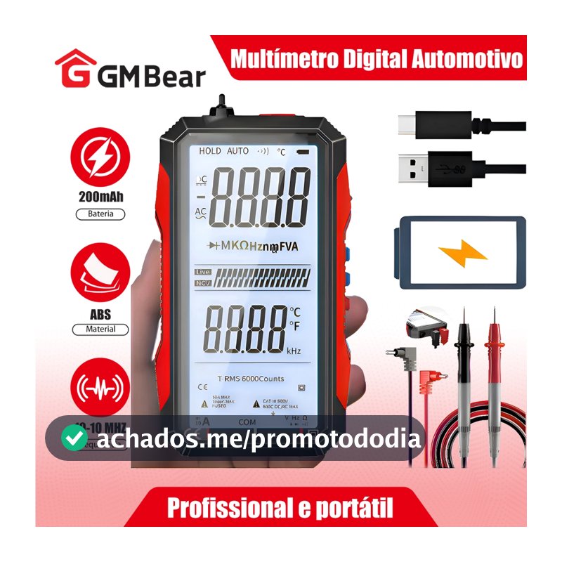 GM Bear Multímetro Digital,Multímetro Digital Automotivo,com Iluminação Bip Profissional Portátil,6000 contagem digital