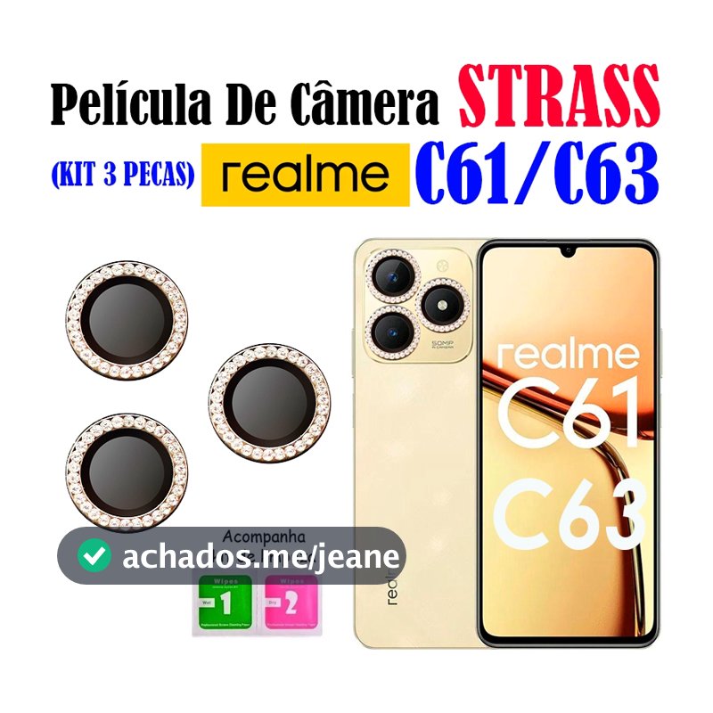 Kit (3  Pecas)Película Câmera Strass REALME C63/C61 Protetor da Lente com Diamante Brilhente
