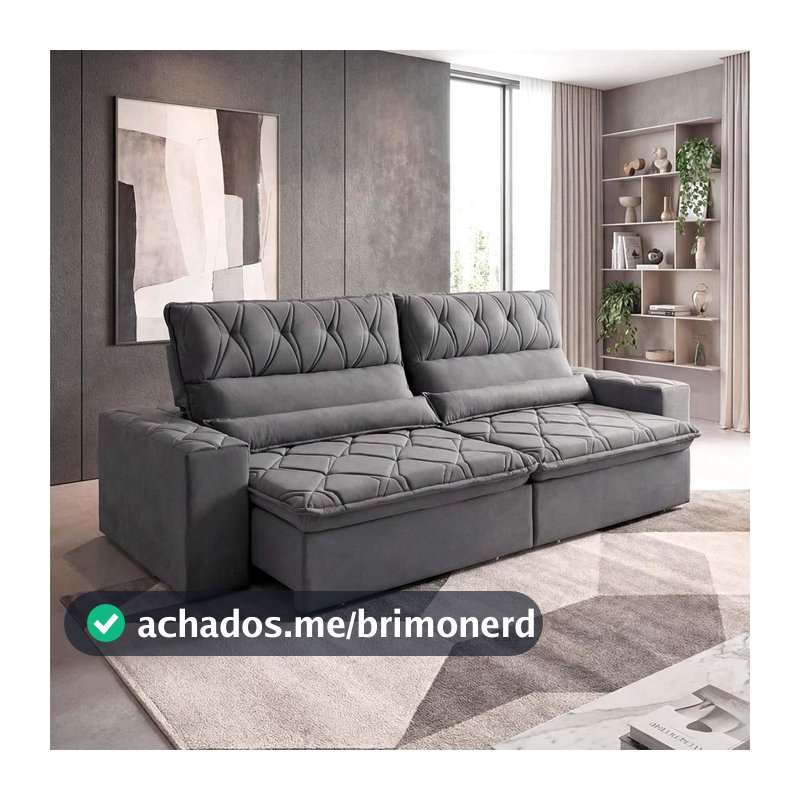 Sofá Retrátil/Reclinável França 3,00m Suede Velut Cinza c/ Molas no Assento - King House