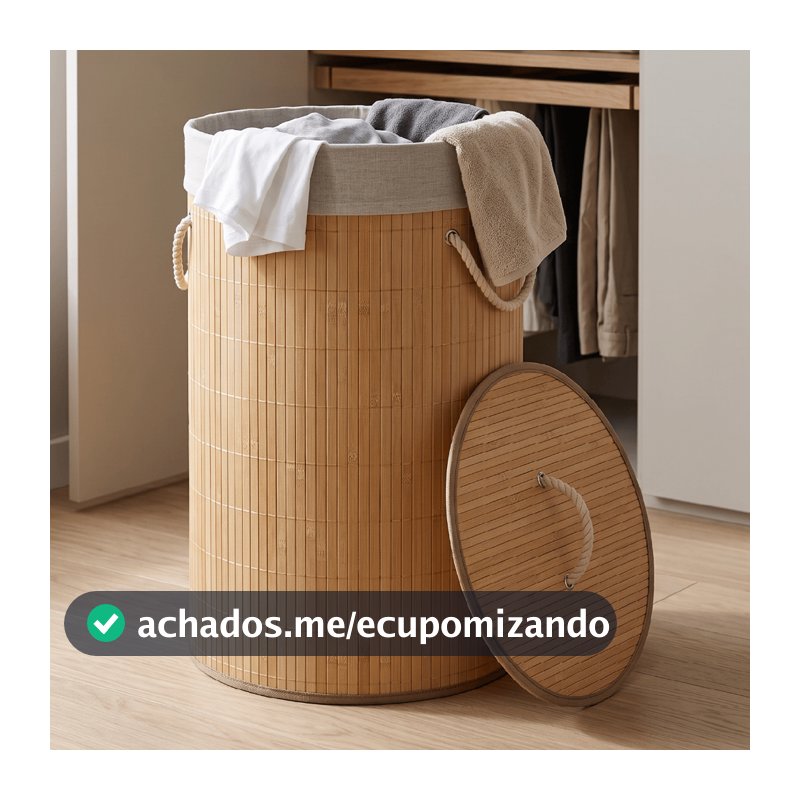 Cesto De Roupa Suja Bambu Dobrável Redondo 57L Grande Organizador Forrado Tampa Alças Banheiro Lavanderia Multiuso
