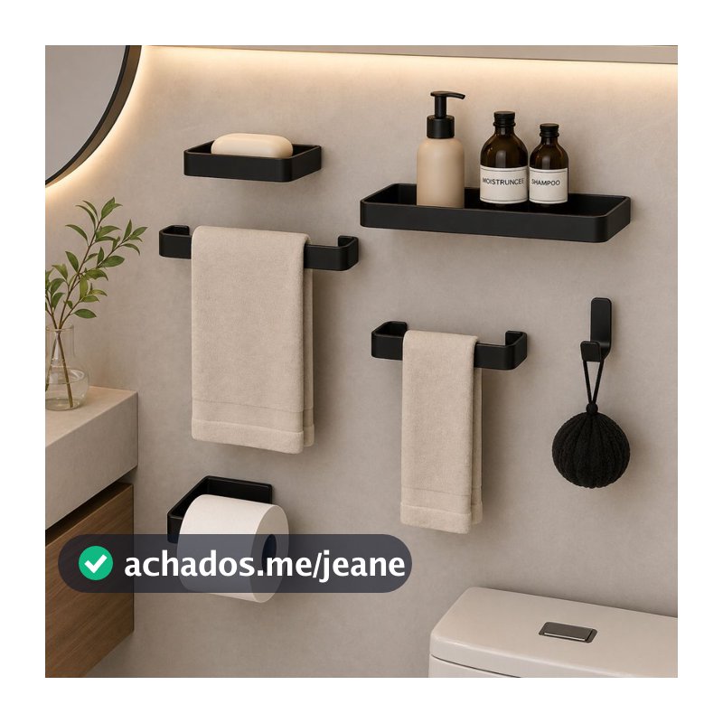 Jogo Banheiro Moderno 6 Peças de Parede - Alumínio Suporte Lavabo Luxo Cabideiro Toalheiro e Shampoo