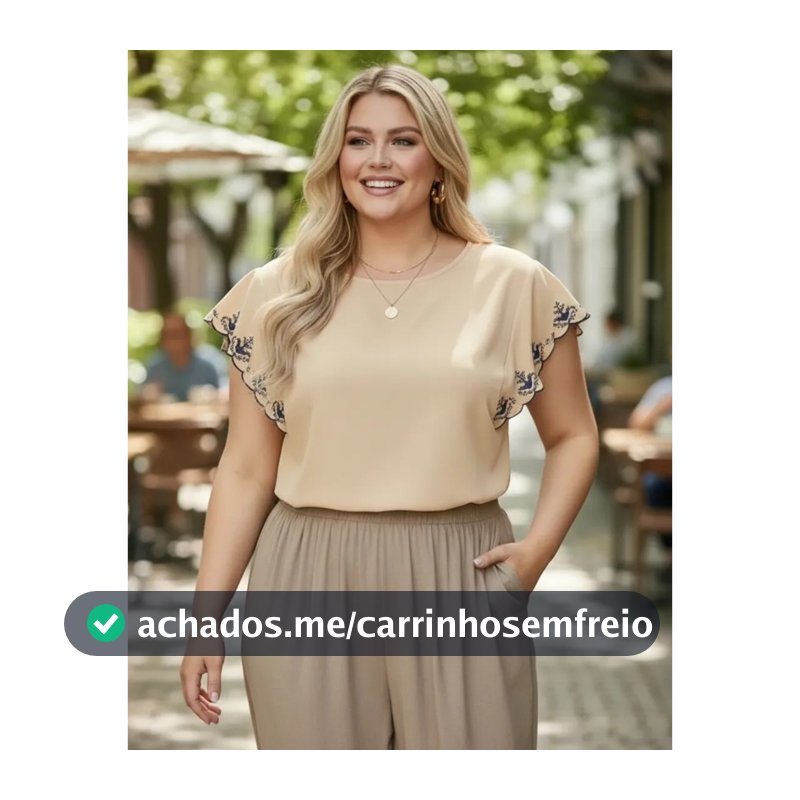 Blusa Feminina Plus Size Manga Curta Bordada Babado Tipo Japonesa