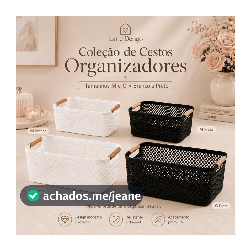 Cesto Organizador de Plástico M e G com Alça de Bambu nas Cores Preta e Branca – Multiuso para Casa