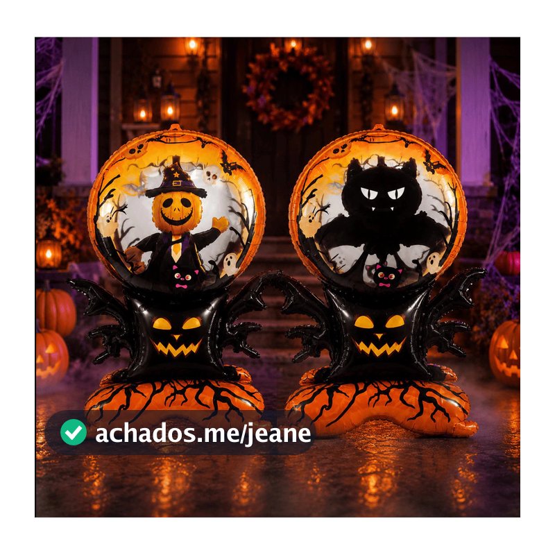 Balão Abóbora Halloween Metalizado Grande Duplo 3D – Decoração Festa Halloween Fantasma Morcego
