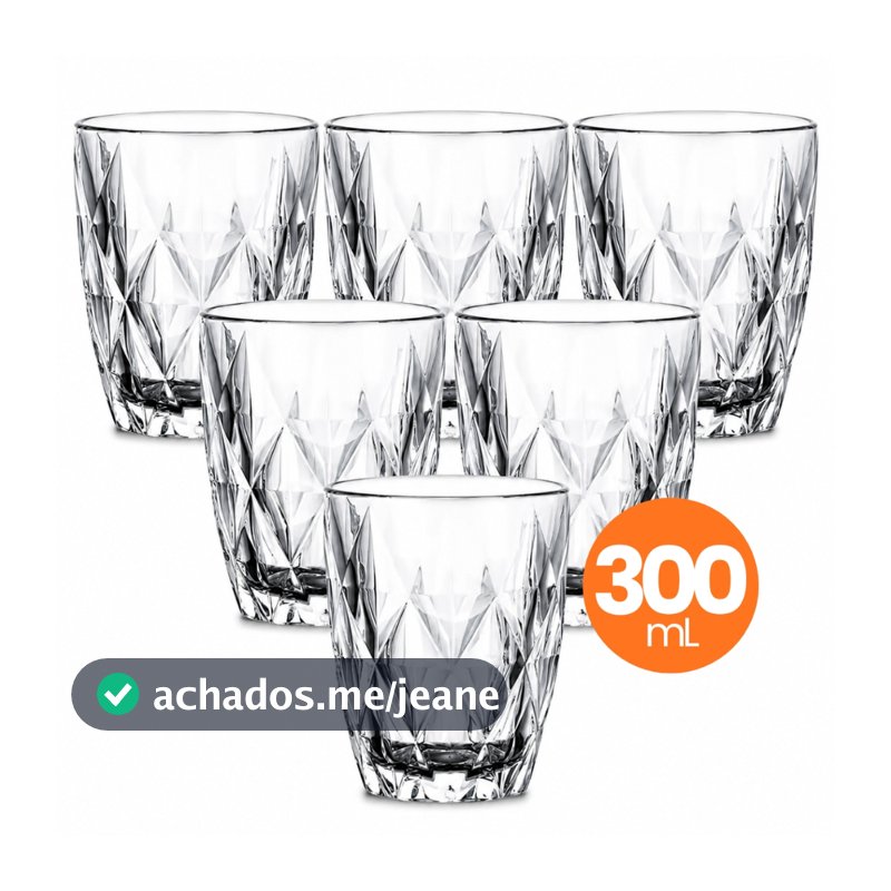 Jogo 6 Copo Vidro Diamond 300ml Conjunto Mesa Posta Água Suco Cozinha Decoração Presente