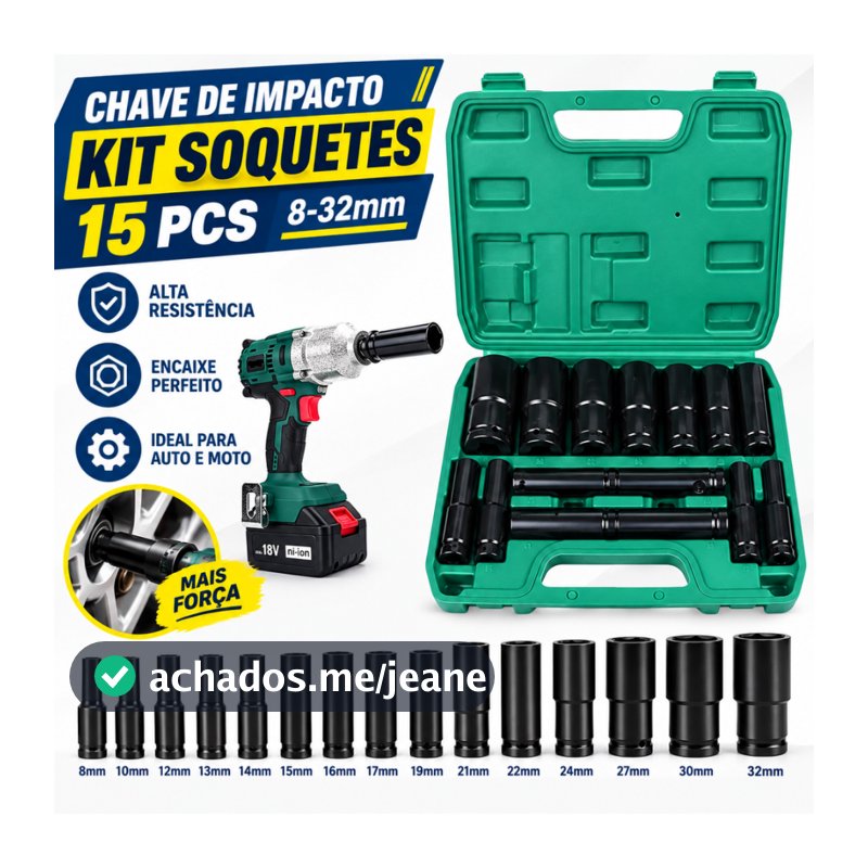 Kit 15 Peças Conjunto de Soquete de Impacto Longo 1/2 8 a 32 mm