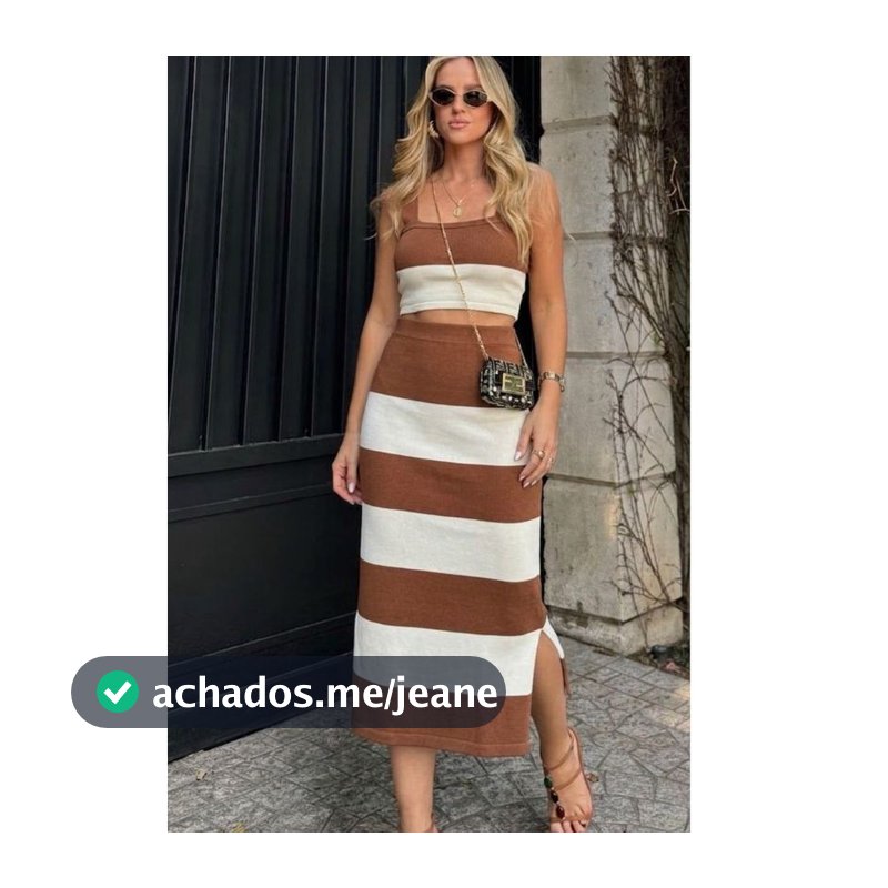 Conjunto Feminino Modal Saia Midi Fenda Lateral Top Cropped Regata Listrado Tricot