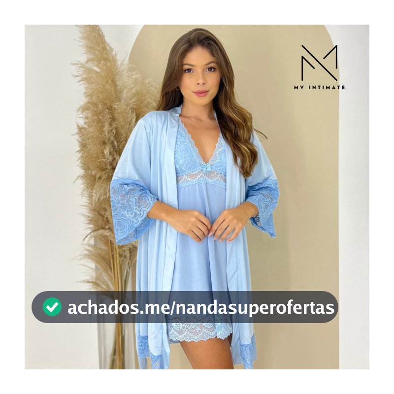 Kit de Robe e Camisola Luxo Sexy com Manga em Renda 307 + 301