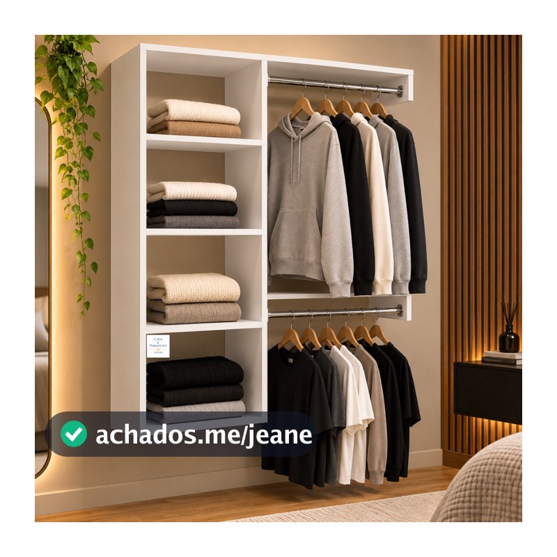 Guarda Roupa Aberto de Parede 115cm com 4 Prateleiras e 2 Cabideiros Closet Organizador- 67