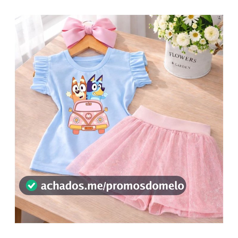Roupa Infantil Feminina Conjunto Festa Menina Blusa Estampa Cachorrinho CARTOON + Short Saia Rosa Tule 1 a 10 Anos